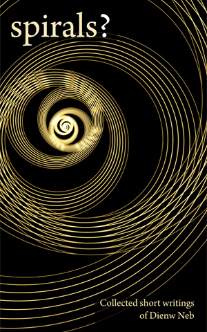 Gold rings spiralling on a black background, this is the cover image of spirals? - the title is the word 'spirals' with a question mark.